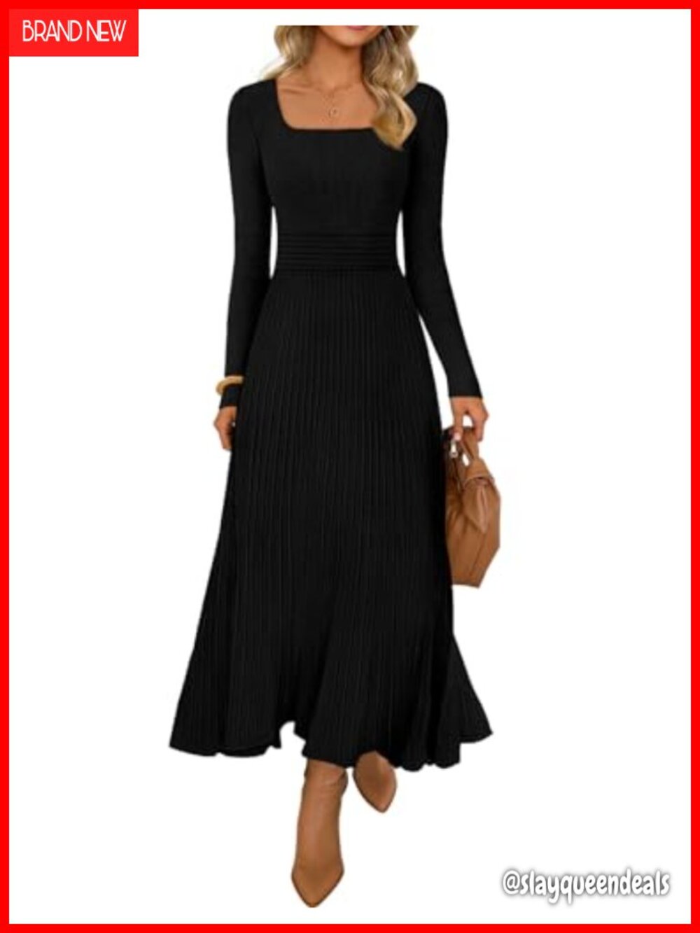 Womens Midi Sweater Dress Long Sleeve Square Neck Ribbed Knit A-Line